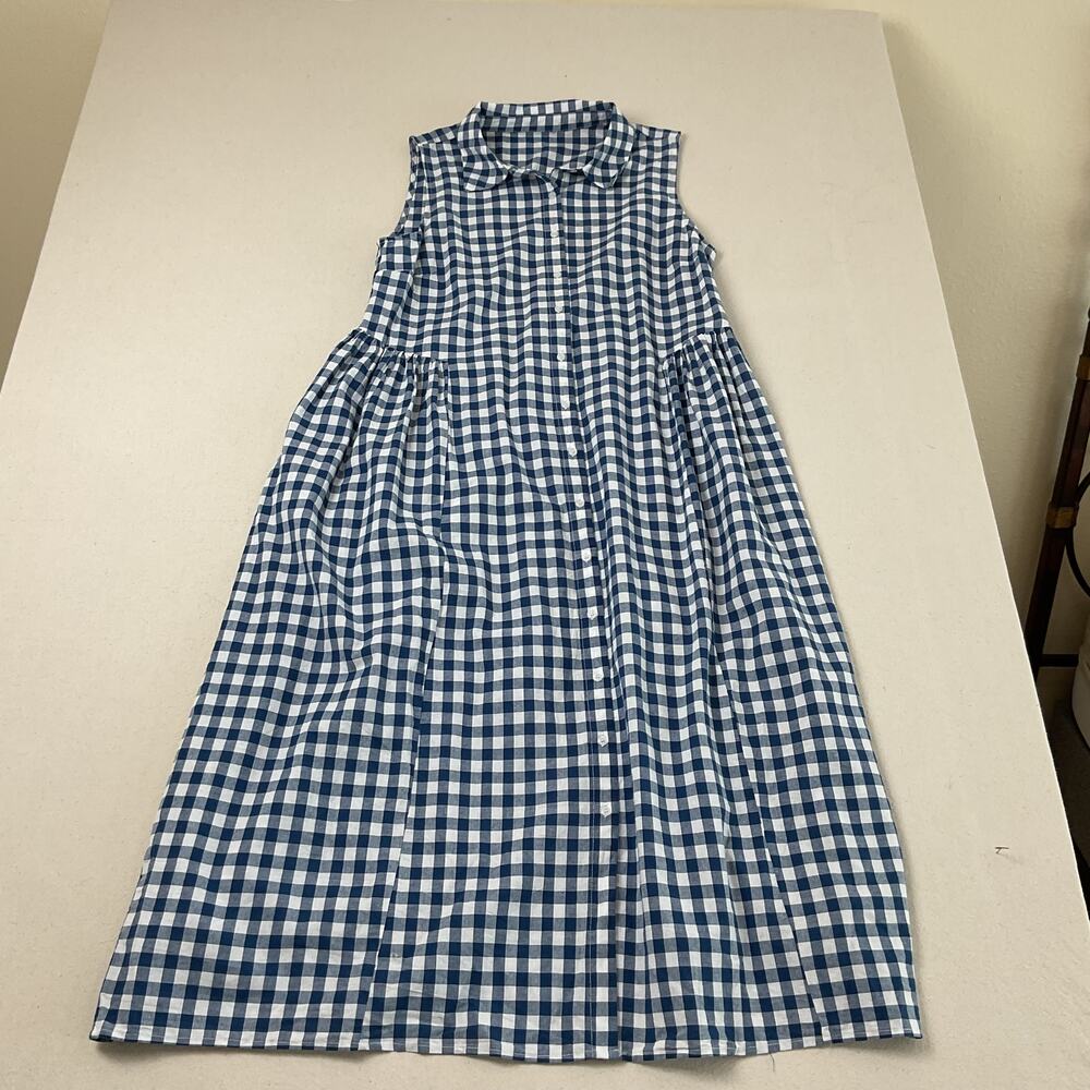 Leyoutx Womens Sleeveless Gingham Maxi Shirt Dress Blue and White Medium